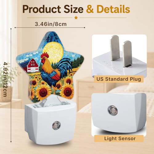 Image of Rooster Sunflower Star Night Light Plug in, Soft Glow Night Light for Kids Bedroom Nursery, Gentle Warm Light for Sleep, Compact Lamp for Hallway Bathroom