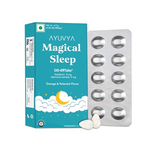 Ayuvya Magical Sleep Support Melatonin Effervescent Pills - Natural Sleep | Night Time Sleep Aid & For Morning Energy | sleeping tablets for deep sleep | Melatonin (5mg) and Jatamansi Extracts (5mg)| Orange & Polomint Flavour | 30 Pills