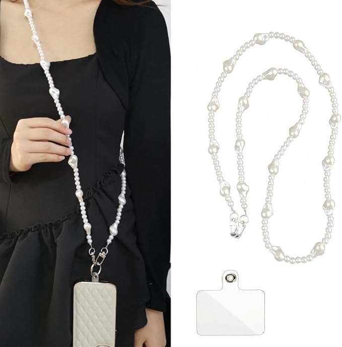 Image of KHOLAD White Bow Phone Chain Crossbody Pearl Strap | 2in1 Wrist & Shouler Crossbody Lanyard | Pearl Beads Charms Chain with Phone Tether Patches | Compatible with Most Phones, Bag, Purse