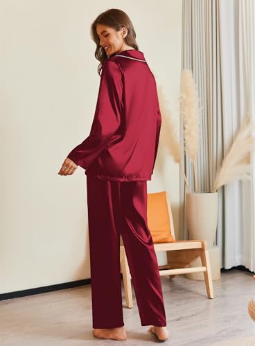 Image of Ekouaer Pajamas For Women Set Silk Pjs 2 Piece Satin Sleepwear Long Sleeve Button Down Lounge Sets With Pant