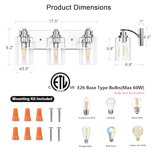 Image of 3-Light Bathroom Light Fixtures Modern Chrome Vanity Lights