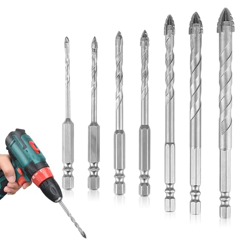 7-Teiliges Exzenterbohrer, Bohrer mit 4 Schneiden, 3/4/5/6/8/10/12 mm Sägezahnbohrer mit Arbeitshandschuhe, Fliesenbohrer Set für Porzellan, Keramik, Beton, Ziegelwand, Glas