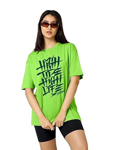 LEOTUDE Women's Cottonblend Half Sleeve Oversized T-Shirts (Color: Neon)