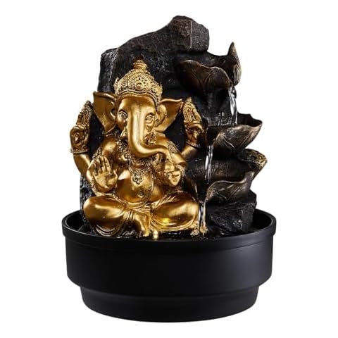 BTGGG Indoor Fountain Golden Ganesha with LED Light Indoor Water Features 21.5 * 21.5 * 30CM Desktop Feng shui Meditation Zen Fountain Cover