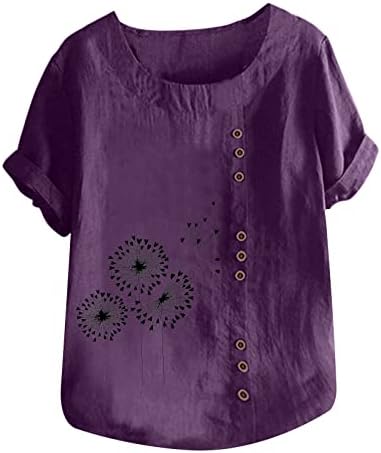 Cotton Linen Tops for Women Plus Size Short Sleeve T Shirts Dandelion Graphic Tees Crewneck Loose Comfy Blouse My Orders Womens Tops Purple