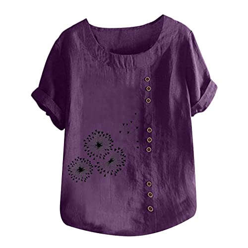 Cotton Linen Tops For Women Plus Size Short Sleeve T Shirts Dandelion Graphic Tees Crewneck Loose Comfy Blouse My Orders Womens Tops Purple #TOP20