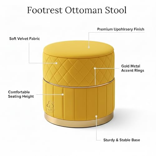 Image of ENIQE STORE Set of 2 Round Velvet Ottoman Footstool Gold Base - Tufted Upholstered Pouffe Stool for Living Room, Bedroom & Dressing Area (Yellow)