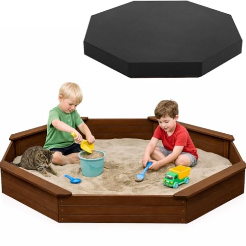 85'x78' Octagon Wooden Sandbox with Waterproof Cover & Liner, Large Outdoor Sandpit with Benches, Fir Wood Sand Box for Kids Backyard Play, Weather-Resistant,Walnut