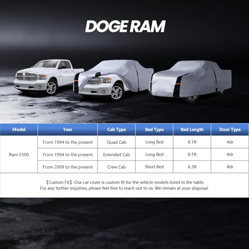 Image of Multi-Layer Ram 2500HD Truck Cover, Custom Fit 2002-2026 Mega /Quad Cab Long Bed(8') Car Cover Waterproof All Weather, Full Exterior Cover Rain Wind Dust and UV Protect with Door Zipper