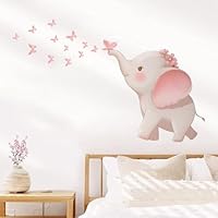 FUFUQUARE Pink Baby Elephant Blowing Butterflies Wall Stickers Cartoon Peel and Stick Wall Art Decals for Kids Girls Bedroom Playroom Living Room