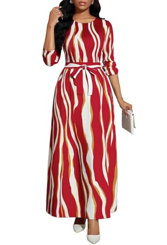 Image of BubFee Long Dress for Women Casual Long Sleeve Dresses Maxi Dress Empire Waist Loose with Belt