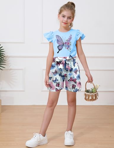 Image of mksodop Girls outfits 2-Piece ruffled short sleeve butterfly floral print high waist floral shorts girls summer clothes