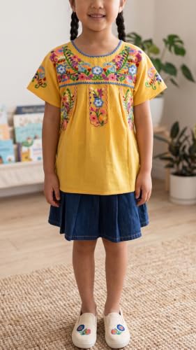 Image of YZXDORWJ Mexican Blouse for Girls Traditional Embroidered Summer Short Sleeve Peasant Blouse for Kids