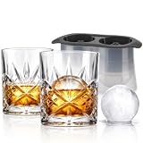 Godinger Old Fashioned Whiskey Glasses with Bonus Sphere Ice Ball Maker Ice Molds, Whiskey Drinking Glasses Set of 2, Rocks Glasses, Gifts for Men - Dublin Collection, Set of 2