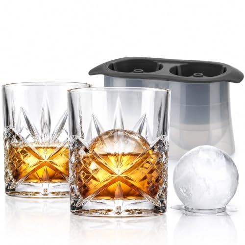 Godinger Old Fashioned Whiskey Glasses with Bonus Sphere Ice Ball Maker Ice Molds, Whiskey Drinking Glasses Set of 2, Rocks Glasses, Gifts for Men - Dublin Collection, Set of 2