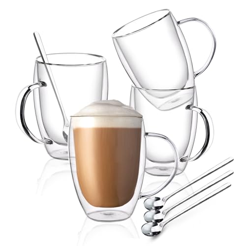 FULGNU Double Wall Glass Coffee Mugs, Glass Coffee Mugs with Handle, Insulated Clear Coffee Mugs Set of 4, Perfect for Espresso, Cappuccino, Latte, Americano, Tea Bag, Beverage -12 Ounces