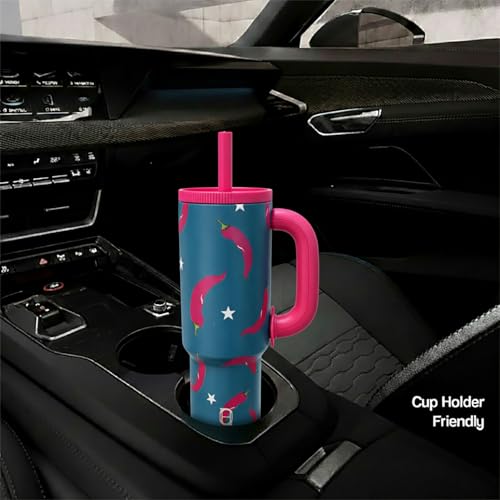 Image of House of Quirk 1200ml Stainless Steel Tumbler with Handle, Straw & Straw Cap | Leakproof Water Bottle | Large Capacity Travel Mug (Chili Twist)