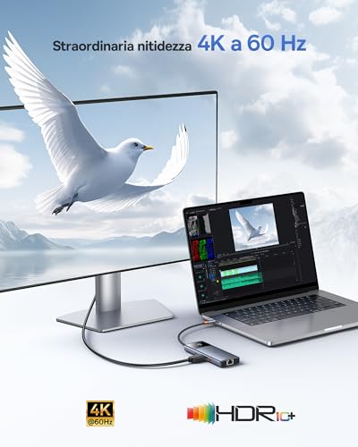 Hub USB C 10Gbps Adattatore USB 3.2 con Gigabit Ethernet, 4K@60Hz HDMI, 2 USB-A, USB-C, 100W PD, 6 in 1 Docking Station per iPhone 15, Computer per MacBook/Surface/Dell/iPad/Steam Deck/Samsung - Hub USB - Immagine 3