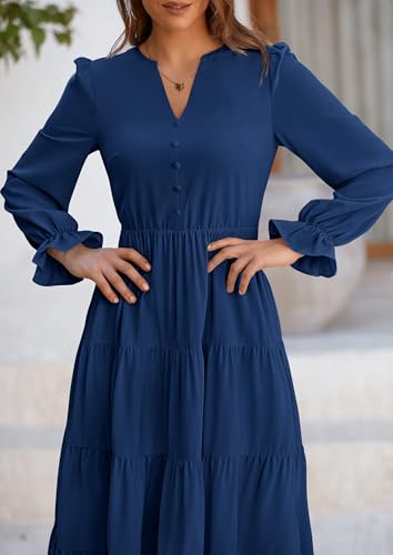 PRETTYGARDEN Long Sleeve Dress for Women 2025 Fall V Neck Tiered Aline Spring Elegant Modest Flowy Wedding Guest Maxi Dresses