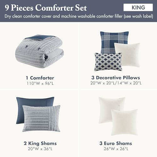 Image of Madison Park Comforter Cotton Clipped Jacquard, Oversized Comforters King Size Bed, All Season Down Alternative Overfilled King Size Comforter, Essence, King /Cal King, Blue 9 Piece