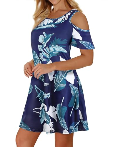 Image of Misyula Style Womens Summer Cold Shoulder Floral Flowy T-Shirt Dress with Pockets
