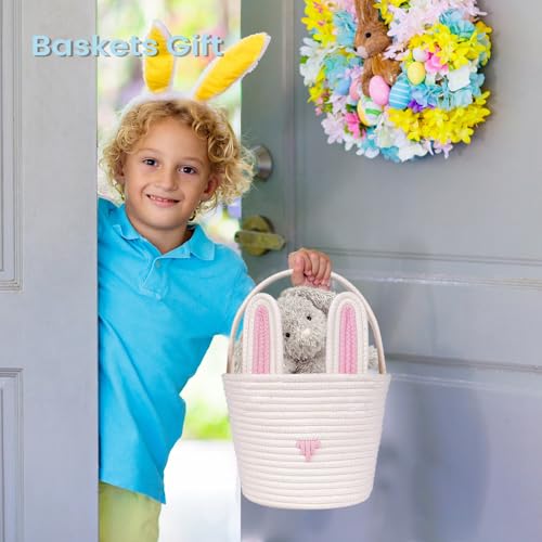 Image of Easter Basket for kids Empty Bunny Egg Baskets With Handle And Ears Easter Gifts Cute Woven Basket (pink)