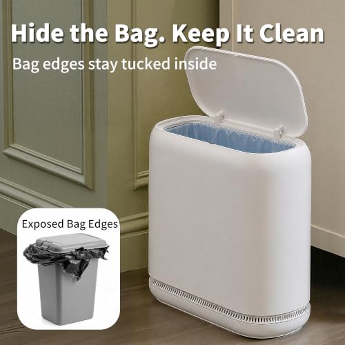 Image of Small Bathroom Trash Can with Lid, 2.3 Gallon Slim Trash Can, Narrow Garbage Can with Hidden Liner & Auto-Smooth Bag Fit, Press-to-Open Lid, White, for Bathroom, Bedroom, Office, Kitchen