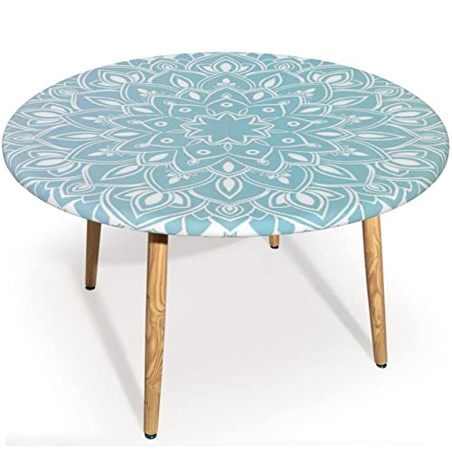 Blue Mandala Round Tablecloth,Indoor Kitchen Dinning Room Party Or Outdoor Oil-Proof Stain-Resistant,Round Fitted Table Cover With Elastic Edges,Pale Blue Aqua Sea Green- Fits Tables To 40″ - 44” #TOP20
