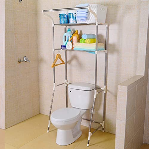 BAOYOUNI 2-Tier Over Washing Machine Storage Shelf Rack Metal Behind the Toilet Bathroom Shelving Unit Expandable Laundry Room Washer Dryer Space Saving Organiser with Clothes Haning Rod and 6-Hook - Image 5