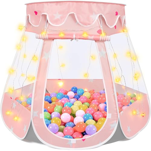 Image of Crayline Pop Up Princess Tent with Star Light, Toys for 1 2 3 Year Old Girl Birthday Gift, Ball Pit for 12-18 Months Baby Toys, Toddler Girl Gift, Easy to Pop Up and Assemble (Pink Gray)