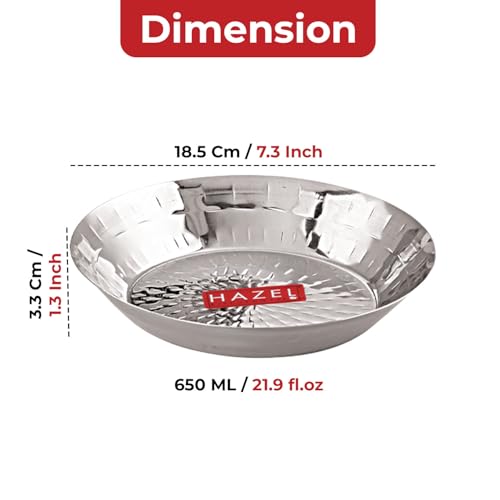 Image of HAZEL Stainless Steel Snack Plate 18.5 cm Hammered Design, 650ml | Kopri Plate Nashta Serving Plate Breakfast Steel Dish