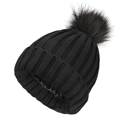 SGQTZDZQ Ladies Satin Lined Beanie, Thermal Silk Lined Beanie Hats for Women, Slouchy Knit Pom Pom Winter Hats for Women Girls (UK, Alpha, One Size, Black)