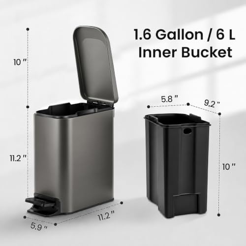 Image of TIPGO Small Bathroom Trash Can with Lid, 1.6 Gal, Soft Close, Black Gold | Foot Pedal, Soft Quiet Lid, 5.9'' Slim for Narrow Space, Stainless Steel, Anti-fingerprint, Removable Inner Bucket, Odor Seal