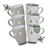 Joli lot de 6 tasses de Noël - Grandes tasses à café de 300 ml avec motif de Noël en gris et blanc