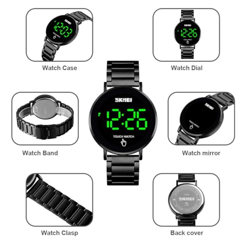 Gosasa Touch Screen Digital LED Waterproof Men Womens Sport Casual Stainless Steel Wrist Watch (B Black)