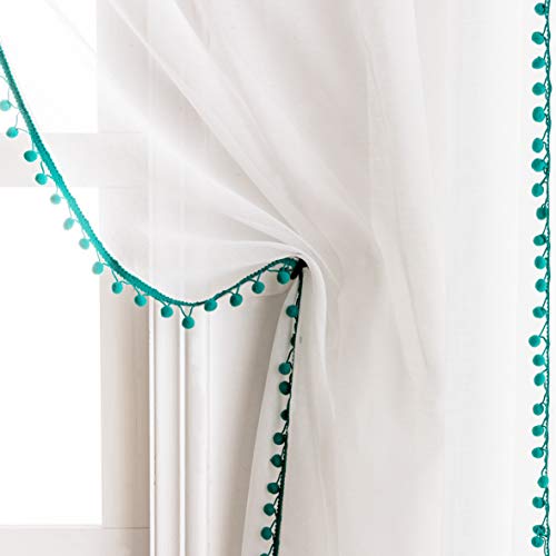 Selectex Linen Look Pom Pom Tasseled Sheer Curtains - Rod Pocket Voile Semi-Sheer Curtains for Living and Bedroom, Set of 2 Curtain Panels (52 x 63inch, White Sheer & Teal Pom Poms)