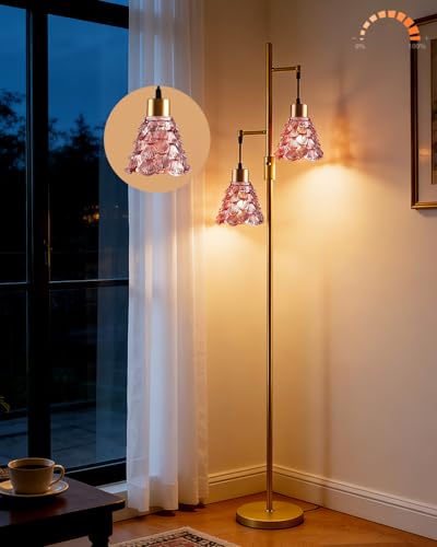 Image of 2-Light Modern Glass Floor Lamp, Gold Standing Tall Lamp with Deep Red Shell Glass Shade, Dimmable LED Floor Lamp with 5Lbs Heavy Base for Living Room Bedroom Home Decor, Bulb Included