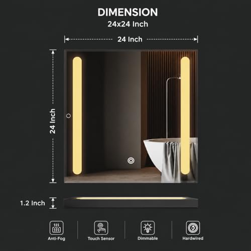 Image of LED Bathroom Wall Mirror with Decorative 3 Light Design | Touch Sensor | Warm | Natural and Cool White | for Wash Basin | Bedroom | Dressing Area Decoration (Square, 24x24)