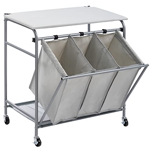 Alimorden Laundry Sorter Cart Heavy Duty 3 Bags Classic Rolling Side Pull Laundry Hamper Sorter With Ironing Board And 4 Wheels Grey #TOP6