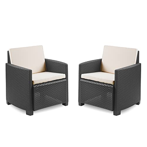Pack 2 Butacas Exterior Convertibles en Sofa, Sillon Polipropileno, Sillon Outdoor, Modelo Lani, Acabado en Antracita y Crudo, Medidas: 58 cm (Ancho) x 63 cm (Largo) x 74 cm (Alto)