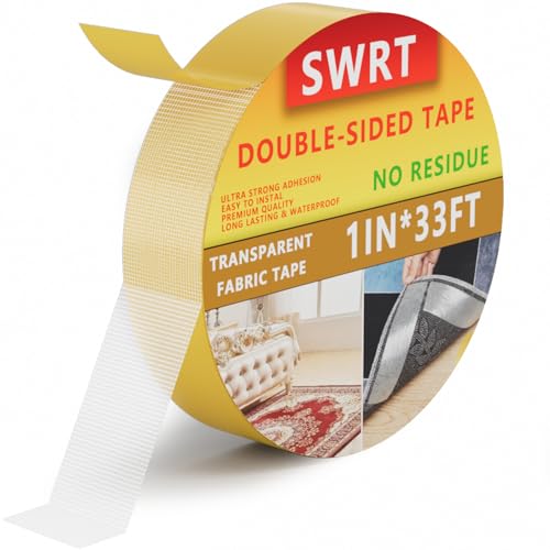 SWRT Double Sided Fabric Tape 1 x 33FT Heavy Duty Clear No Residue Strong Adhesion for Carpet Crafts Clothing Outdoor & Indoor Use