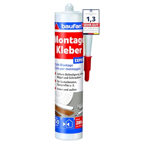 baufan Adhesivo de montaje Express de 280 ml, en práctico cartucho, listo para usar, adhesivo universal para madera, canales de cable, placas aislantes, cerámica, PVC, sin disolventes, color blanco