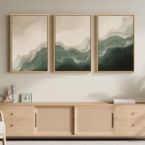 Framed Green and Beige Abstract Wall Art Set of 3,