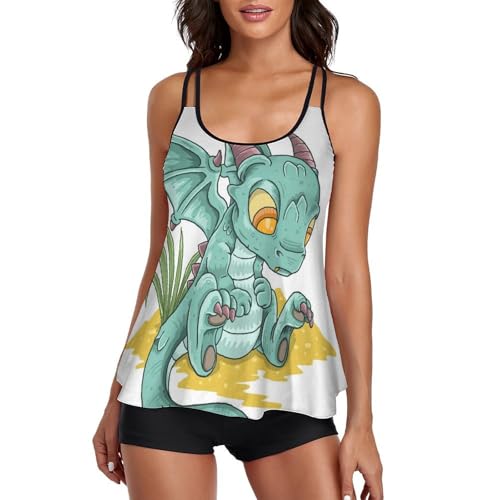 Ensemble Maillot de Bain Tankini Original Dragon Mignon avec Shorty et Robe Fluide