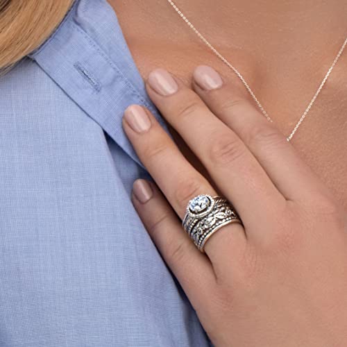 925 Sterling Silver Ring With White Cubic Zirconia Oval Shape Prong, Multiple Bands Rich Stack Look, Hypoallergenic, Nickel And Lead-Free, Artisan Handcrafted Designer Collection, Made In Israel #TOP1