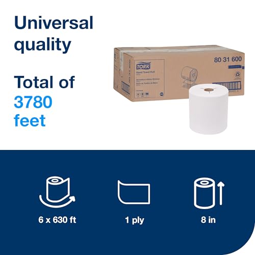 Image of Tork Hand Towel Roll White H80, Universal, 100% Recycled Fiber, 6 Rolls x 630 ft, 8031600