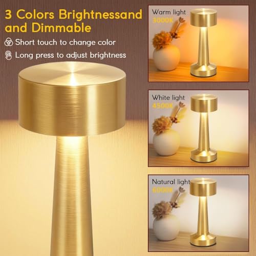 Image of Litehom Portable LED Table Lamp, 3-Levels Brightness Metal Desk Lamp,3 Color Touch Control Rechargeable Lamp, Ideal Bedside Lamp for Nightstand,Bedroom, Living Room (Light Golden)
