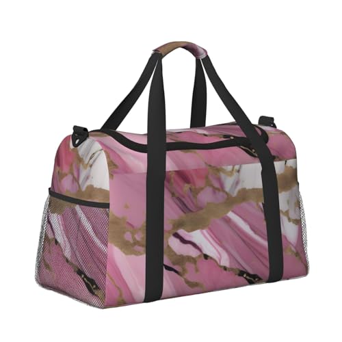 Pink White Marble Pattern Print Stylish Foldable Carry On Tote with Waterproof Zipper for Weekend Getaways Bag3