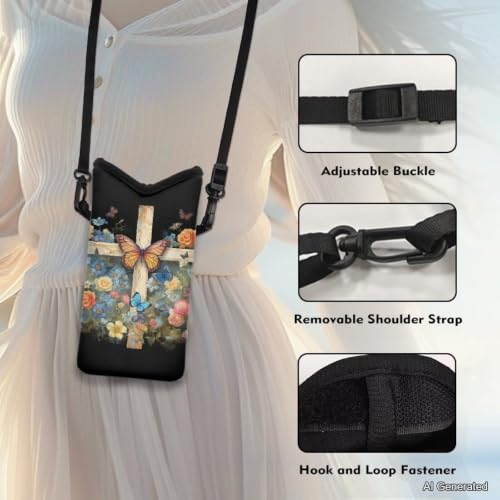 Image of Waterproof Phone Pouch Case Crossbody Cellphone Bag with Shoulder Strap Small Satchel Pouch Mini Travel Bag for Phone Key Power Bank Cash 8 x 4 inch, Butterfly Flower Cross Print Black