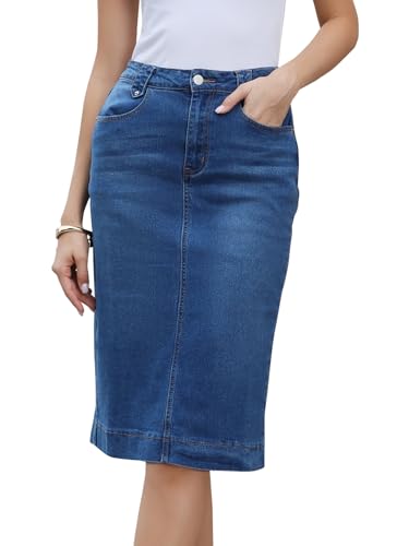 Allegra K Midi-Damen-Jeansrock mit Hohem Bund Schlitz Hinten Taschen Elegant Bleistiftrock Blau M